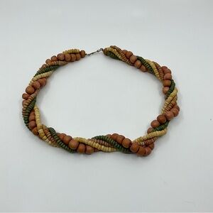 Vintage 70s Multi-Strand Twisted Wooden Bead Necklace Boho Artisan Chunky Earthy
